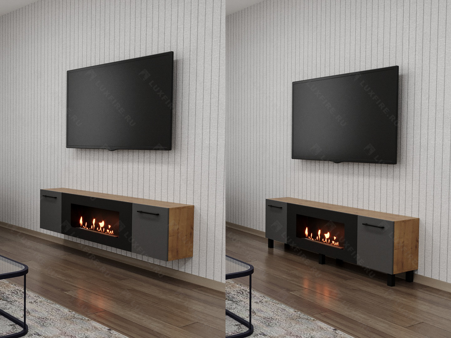 Тумба универсальная Lux Fire "Байкал Р" с ножками 1600, дуб вотан/графит матовый с биокамином 900